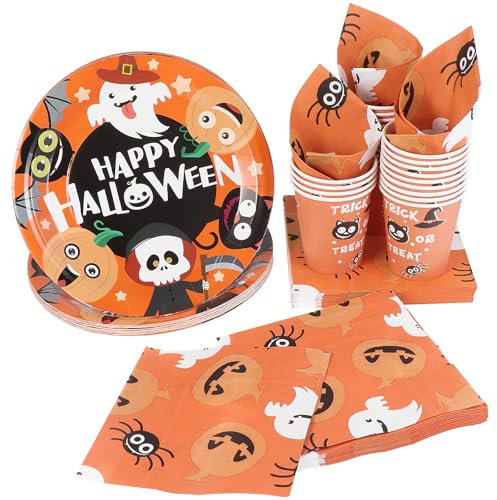 BESTonZON Halloween-Papiergeschirrset, Einwegbesteckset, Partyzubehör-Set 24, Inklusive Pappteller, 48 Servietten und 24 Tassen Geschirrset
