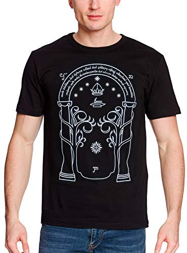 Elbenwald T-Shirt mit großem Türen von Durin Frontprint und Glow in The Dark Effekt für Herr der Ringe Fans Herrenshirt Baumwolle schwarz - S