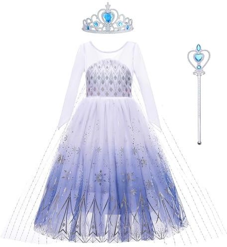 KANDEMY Mädchen Prinzessin Kleid ELSA Kostüm mit Schleppe Fasching Kostüme für Kinder Eisprinzessin Kleider Faschingskostüme Cosplay Karneval Verkleidung Party Blau 130