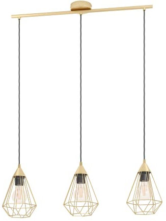 EGLO Pendelleuchte Tarbes, 3 flammige Hängelampe, Hängeleuchte aus Metall in Messing-Gebürstet, Esstischlampe, Wohnzimmerlampe hängend mit E27 Fassung, L 79 cm