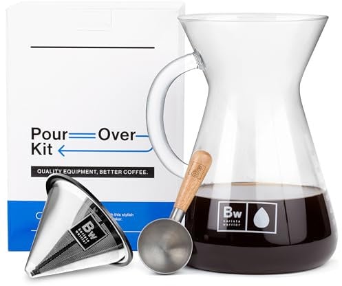 Barista Warrior Pour Over Coffee Maker Set - Pour Over Kit Includes Large Glass Carafe and Reusable Dripper Coffee Filter and Coffee Scoop - 8 Cup Drip Coffee Brewer (34oz | 1000ml)