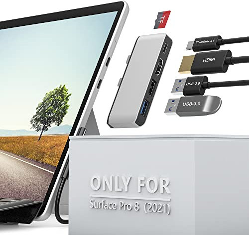 Surface Pro 8 USB C Hub Adapter mit 4K HDMI, USB C Thunderbolt 4 (Display+PD Aufladung+Daten), USB 3.0, USB 2.0, TF Kartensteckplatz, Dual Monitor Dockingstation (HDMI+USB C) für Surface Pro 8