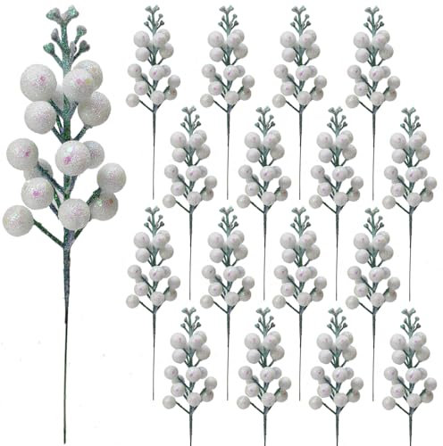 Pack of 16 Christmas Glitter Berry Stem, Artificial Berry Picks Holly Berries Branches for Christmas Tree Decoration Wreath Making Supplies DIY Crafts Holiday Season Winter Home Decor (Glitter White)
