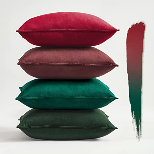 Topfinel Kissenbezug 50x50 cm Weihnachten grün und rot 4er Set Samt Kissenbezüge Kissenhülle Kissen sofakissen dekokissen deko für Sofa Schlafzimmer Wohnzimmer Balkon Kinder flauschig