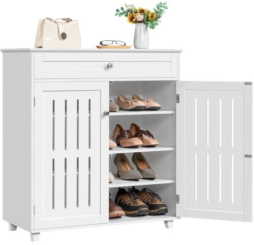 Yaheetech Meuble à Chaussures avec Tiroir et Etagères Réglables à 4 Niveaux en MDF et Métal pour Entrée Dressing Chambre Couloir Blanche 78 x 37 x 86 cm