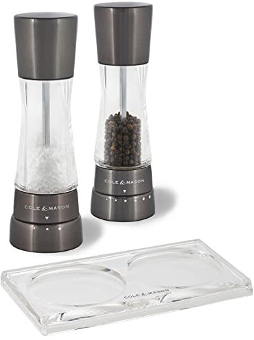 Cole & Mason 3-tlg. Edelstahl Salz- und Pfeffermühlen Set 19 cm rotgussfarben - formschönes Mühlen Duo mit Acryl-Tablett für Servieren & Würzen
