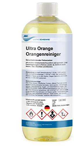Orangenreiniger Konzentrat - ULTRA STARK - 75% Orangenterpene - 1 Liter - biologisch abbaubar - löst hartnäckigste Verschmutzungen wie Kaugummi, Kleber, Fett & Flecken - AK VARIOCHEMIE Made in Germany