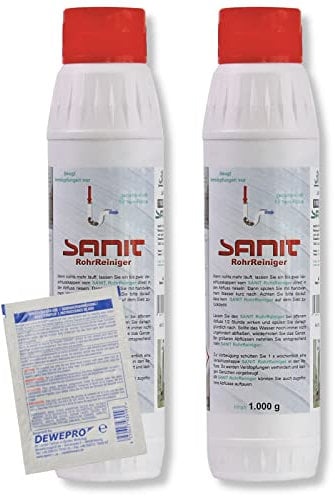 DEWEPRO-Set: SANIT RohrReiniger (3061) - 2 Flaschen à 1000g - Granulat-Rohrreiniger zur selbsttätigen Beseitigung von Verstopfungen in Rohren und Siphons, inkl. 1 St. DEWEPRO® Single Scrubs
