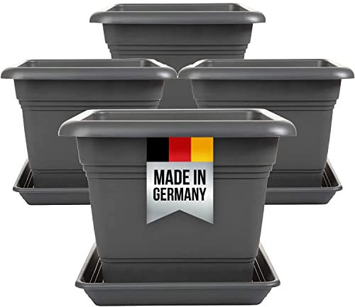 2friends 4er Set Pflanzkübel Groß Aussen, Blumentopf Gross 40x40 cm, Pflanzentopf Blumentopf mit Untersetzer aus Kunststoff, Blumenkübel Pflanztöpfe Blumentöpfe Anthrazit in Premium-Qualität