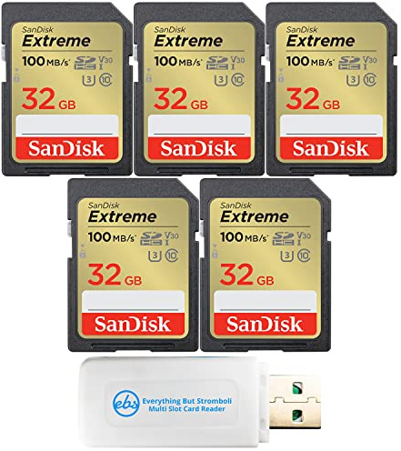 SanDisk Extreme 32 GB SD-Karte (5 Pack) Digitalkamera funktioniert mit PC Straßenkameras (SDSDXVT-032G-GNCIN) inkl. Speicherkarten (1) Stromboli 3.0 Micro und SD-Kartenleser