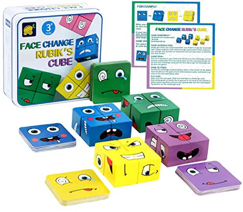 LiRiQi Holzwürfel Puzzle, Sensorik Spielzeug Bauwürfel Holzpuzzle Gesichter, Bunte Zauberwürfel Baustein Interaktion Spielzeug, Montessori Lernspielzeug Spielzeug für Kinder ab 3 Jahren