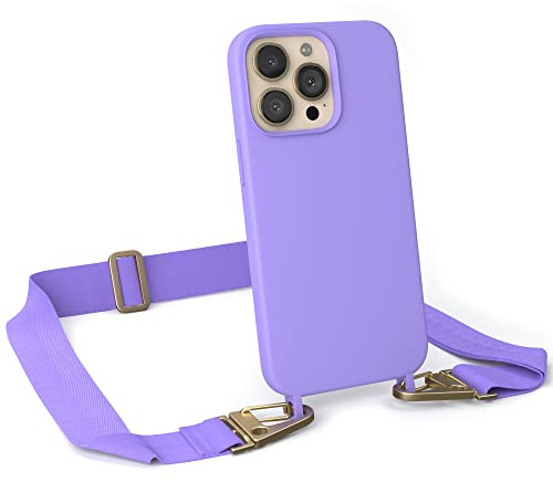 EAZY CASE - Hülle mit Band kompatibel mit iPhone 13 Pro Handyhülle mit Umhängeband Silikonhülle Schwarz Handykette zum Umhängen Handykordel Schutzhülle für Smartphone in Lavendel Lila - Clips Gold