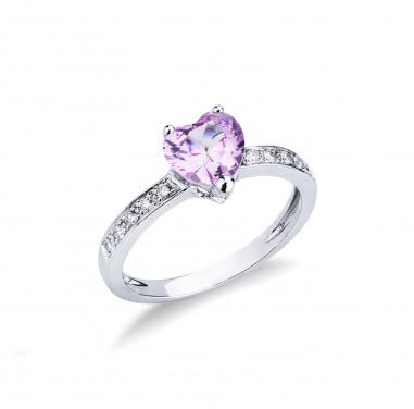 GV GIOIELLI DI VALENZA Anello in oro bianco 18k con zaffiro rosa a cuore e diamanti sul gambo.