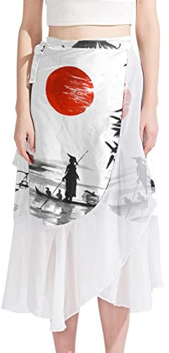 Swimsuit Coverup for Women, Sarong Beach Bikini Wrap Sheer Skirt Chiffon for Swimwear, Chinese Style Painting Boat Bamboo Sun