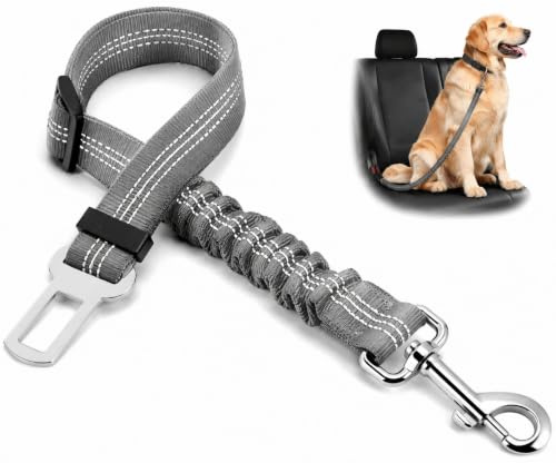 Dog Seatbelt for cars -Adjustable Elastic Bungee, Strong Durable Dog Car Harness - 360 Degree Swivel Attach Won't Twist, Reflective, Easy to Use (GREY)