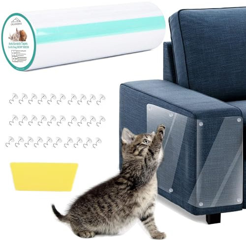 CHUANGSEED Anti-Scratch Cat Scratching Deterrent Tape 30cm x 3m Clear Training Self Adhesive Tape, with 30 Pins 1 Scraper Cat Claw Sofa Protector Flexible Door Scratch Shield (30cm x 3m)