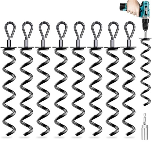 8 Stück Bodenanker mit Adapter, Bodenanker Erdanker für Trampolin, Spiralschuppen-Anker-Kit zur Sicherung von Zelten, Vordächern, Planen, Trampolinen, Schaukeln(Schwarz)
