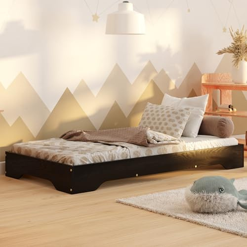 smartwood Kinderbett 100x190 cm mit Lattenrost, aus Holz, Schwarz, TILA 7 | Montessori Bodenbett, Einstiegshöhe 18 cm, Belastbar bis 230 kg, FSC-Kiefernsperrholz, abgerundete Kanten, Einfache Montage
