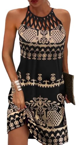 GRMLRPT Vestidos para Mujer sin Mangas Boho Vestido de Verano Estilo étnico Elegante Malla Impresa Vestidos Retro Cuello Halter Vestido de Ocio Vestidos de Playa Mujeres(Multicolor-1,S-XXL)