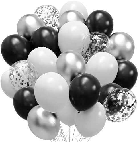 Luftballons Geburtstag Schwarz Weiß Silber SKYIOL 60 Stück Matte Schwarze Weiße Ballons Konfetti Metallic Latex Helium Luftballons für Hochzeit Baby Shower Abschluss Jugendweihe Party Deko