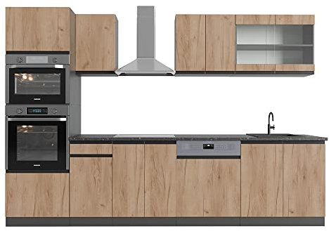 Vicco Küchenzeile R-Line, Goldkraft Eiche/Anthrazit, 300 cm mit Hochschrank, AP Eiche