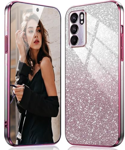 DESSEN Hülle für Oppo Reno 6 5G / Reno6 5G Handyhülle Glitzer - Transparent Silikon Schutzhülle Stoßfest Case mit Galvanisiertes Rahmen und Glitter Karte Dünn Weiche Glitzernde Cover, Rosa