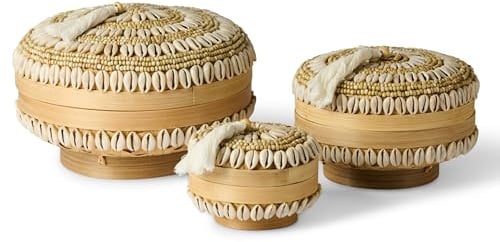 3er Set Aufbewahrungsbox mit Deckel aus Bambus - handgemachte Boho Deko Boxen mit Perlen bestickt - Aufbewahrungskorb rund, Deko Korb geflochten