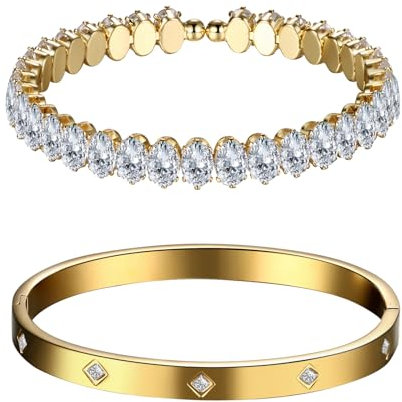 JewelryWe Tennisarmband Damen Zirkonia Armreif: 2 Stück Gold Edelstahl Tennis Armband Armspange Set 6mm Breit Manschette Armkette Schmuck Geschenk für Frau Mama Freundin Tochter