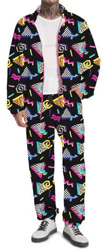 UOUA 80er Outfit für Männer 90er Tracksuit Kostüm für Halloween 70er Windbreaker Jacke Track Anzug 2 Stück Hip Hop Set
