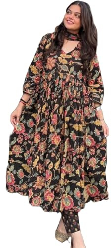 GoSriKi Women's Rayon Viscose Printed Anarkali Kurta with Palazzo & Dupatta, Black, XXL
