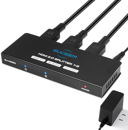 Suceem HDMI Switch 1 in 2 Out 4K@60Hz, 1x2 HDMI Splitter con Adattatore di Potenza, Supporto EDID Dolby Audio 3D HDCP per PS4 PS5 Fire Stick HDTV