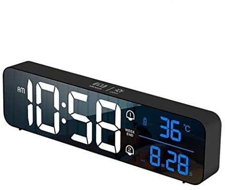 KOMFGT Reloj despertador con música LED, control de voz, repetición táctil, recargable, reloj de mesa Teperature, relojes digitales de pared (Svart talla única)