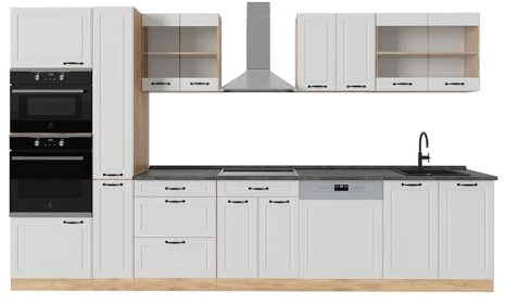 Vicco Küchenzeile R-Line, Weiß Landhaus/Goldkraft Eiche, 350 cm, AP Anthrazit