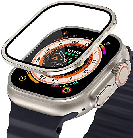 NFRFK Funda de aleación de aluminio de vidrio templado para Apple Watch Ultra 2, Protector de pantalla antiarañazos de 49mm para iWatch Ultra, película protectora de 49mm(Titanium Color)