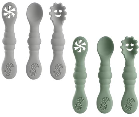 ORAGKE Esslernlöffel Baby 6er-Set, Silikon Lernlöffel BPA-frei, Baby-led Weaning, Babylöffel zum Selber Essen, Beikost Löffel, Blw Löffel für Kleinkinder ab 6 Monaten (Grün/Grau)