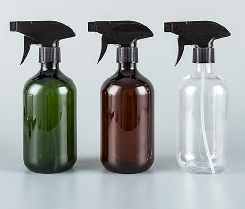 RISF 3 Pcs Water Spray Bottle, 500ml Plastic Spray Bottles for Cleaning, Empty Plant Mister with Funnel and Sticker for Cleaning, Gardening, Hair, Pet (Dark Green, Brown, Clear
