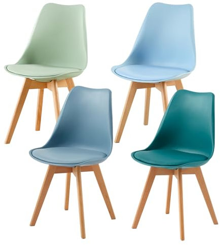 EGGREE 4er Set Esszimmerstühle im Skandinavischen Stil,4 Küchenstühle in Modernen Hellen Farben,Gepolstert in PU mit Buchenholz Beine, Eiscreme-Grün+Hellblau+Morandi Lichtblau+ Türkis