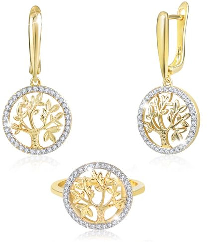 Richapex Set de Bijoux Femme Arbre de Vie - Boucles d'Oreilles Créoles & Bague en Or - Cadeau Anniversaire pour Elle - Tailles de Bague 7/8/9/10 (8)