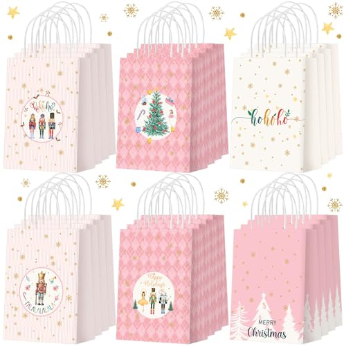 Zhanmai 24 Pcs Pink Christmas Party Favors Gift Goodie Bags with Handles Paper Nutcracker Merry Christmas Tree Candy Treat Bags for Xmas Gifts Wrapping Party Supplies