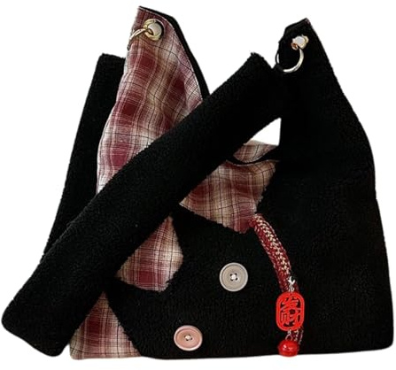 Süße schwarze Katze, flauschige Tragetasche, Plüsch-Cartoon-Schulter-Handtasche mit großer Kapazität, kariert, Patchwork, Magnetverschluss, lässige Crossbody-Tasche für Damen, Alltag, Reisen