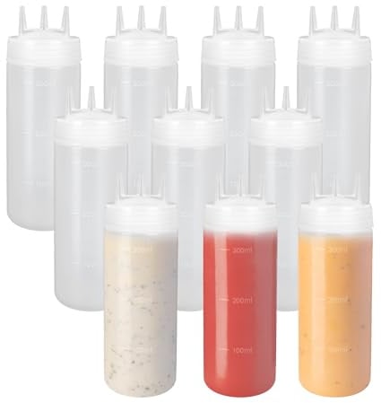 YKUKIZEE 10 PCS 3 Hole Squeeze Sauce Bottle 360ML Ketchup Bottle with Scale | Reusable, Squeeze Mustard Bottles Dispenser, for Cream Salad Dressing Oil Seasoning Condiment