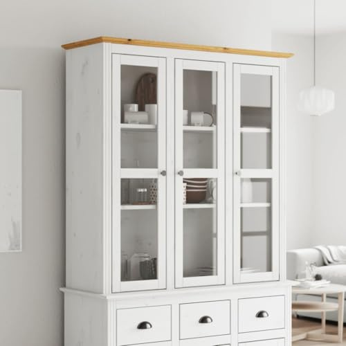 Qnhdfrt Vitrinenschrank BODO 115,5x38,5x118 cm Weiß Braun Kiefernholz mit Glastüren Landhaus Kommode Aufsatz Sideboard für Living Room Flur Kaffeebar Küche
