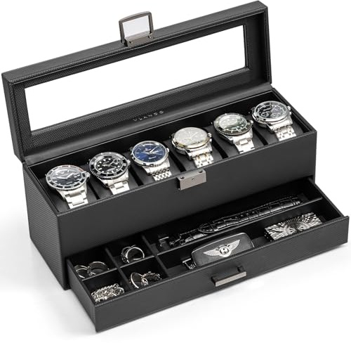 VLANDO Uhrenbox Herren 6 Uhren,abschließbarer Uhrenkasten mit Glasdeckel | Geschenk für Väter, Ehemann, Freund， Watch Box Uhrenaufbewahrung mit PU leader Uhrenkissen, Schwarz