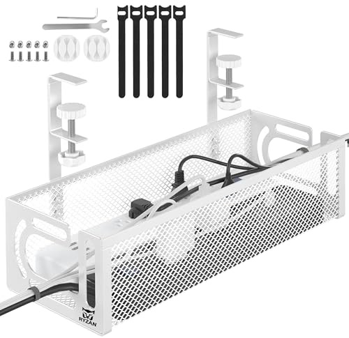 RYZAN Under Desk Cable Management Tray, Black & White Wire Organizer, 39cm & 64cm Metal Mesh Tray, Power Strip Holder with Mounting Kit (White, 39 CM)
