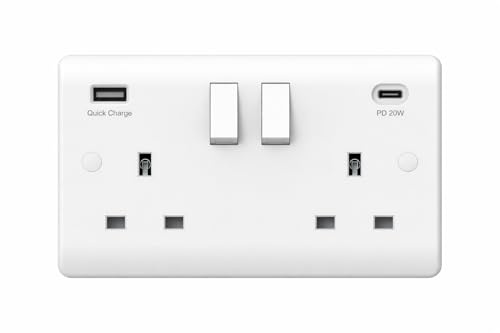 2 Gang Switched Socket Double Pole with USB-A & USB-C | Round Edge White Plug Socket | Dual USB Charging Wall Outlet for Home, Office & Kitchen Use