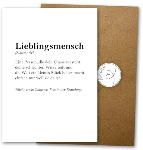 LIEBEVON Grußkarte Lieblingsmensch - Elegante A6 Karte mit Umschlag aus Kraftpapier und Siegelaufkleber – Geschenkkarte für Partner, beste Freundin & Jahrestag