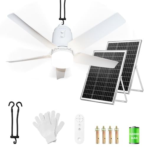 SHUNLEE Solar Ventilador de Techo con Luz Exterior, 60W Panel Solar y Batería de 40000mAh, Regulable 3000K-6000K, Mando a Distancia y Gancho, para Terraza, Toldo, Gazebo, Lona de Campamento (80CM)