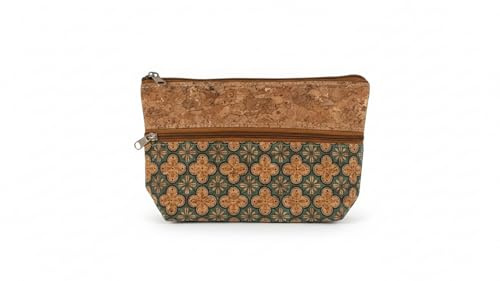Kork Geldbörse mit Mandala Design, 2 Reißverschluss-Fächer, 17,5 x 11 cm, Kleine Kosmetik Tasche (Grünes Muster)