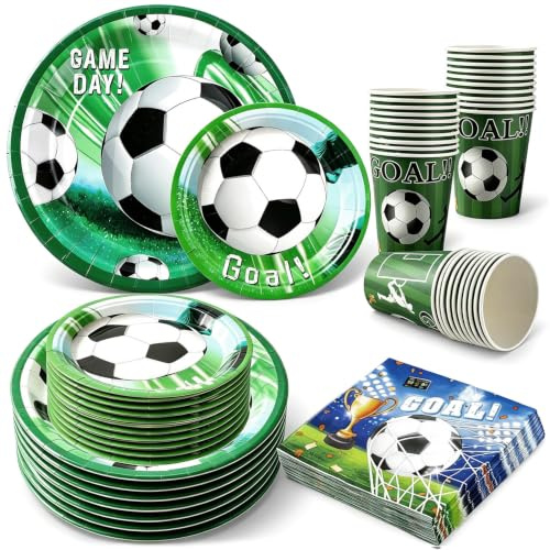 AEYURUID Décoration Anniversaire Foot - Kit Vaisselle pour 20 Personnes | Déco Anniversaire Foot, kit 20 assiettes, 20 gobelets, 40 serviettes. Thème football vert, idéal pour anniversaire garçon.
