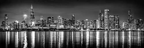 PHOTOSBYJON Chicago Skyline Night Schwarz-Weiß-Fotodruck, 30,5 x 91,4 cm, ungerahmt